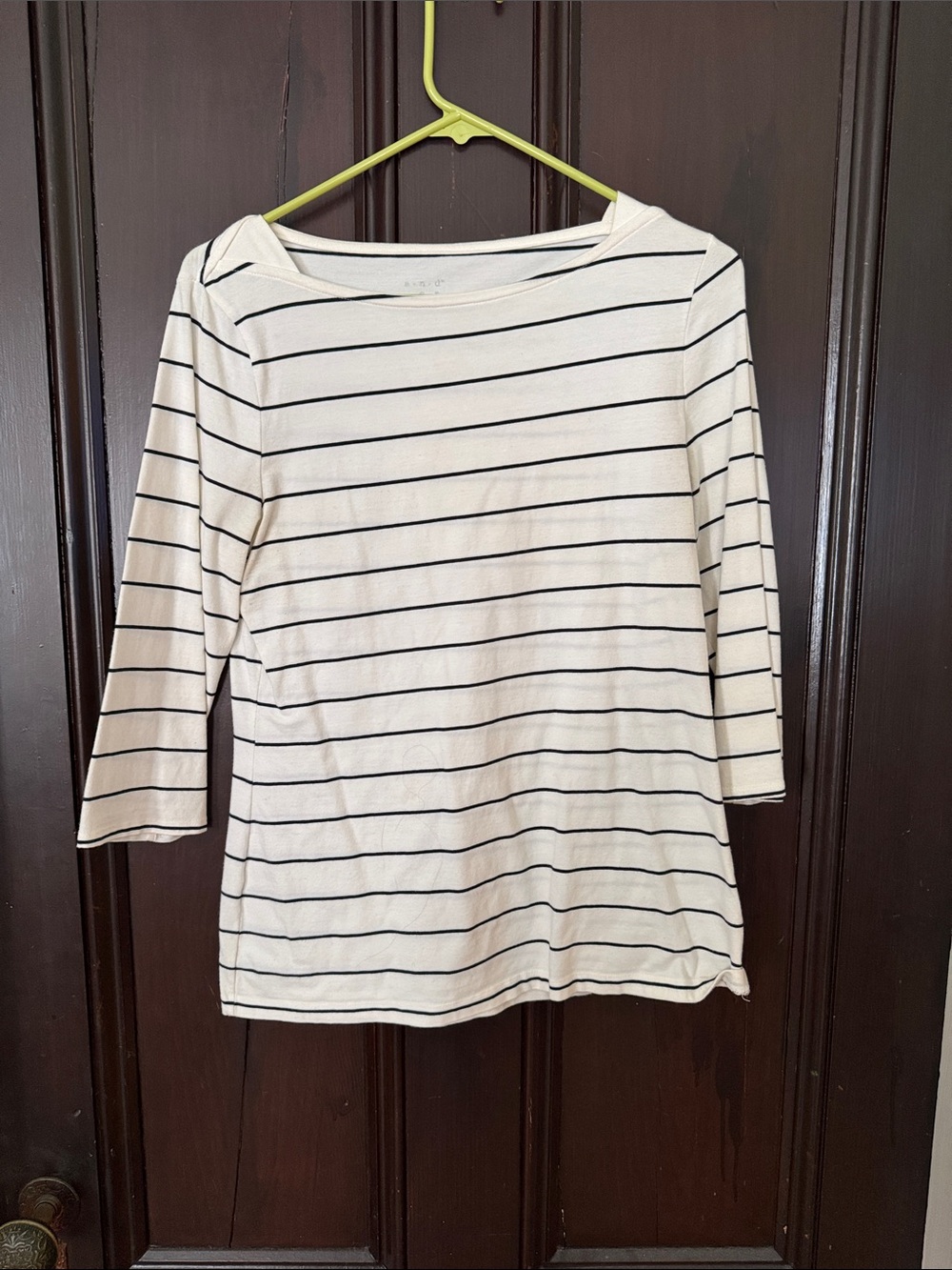 SOLD AT YARDSALE a new day White and Black Striped Boatneck 3/4 Sleeve Top